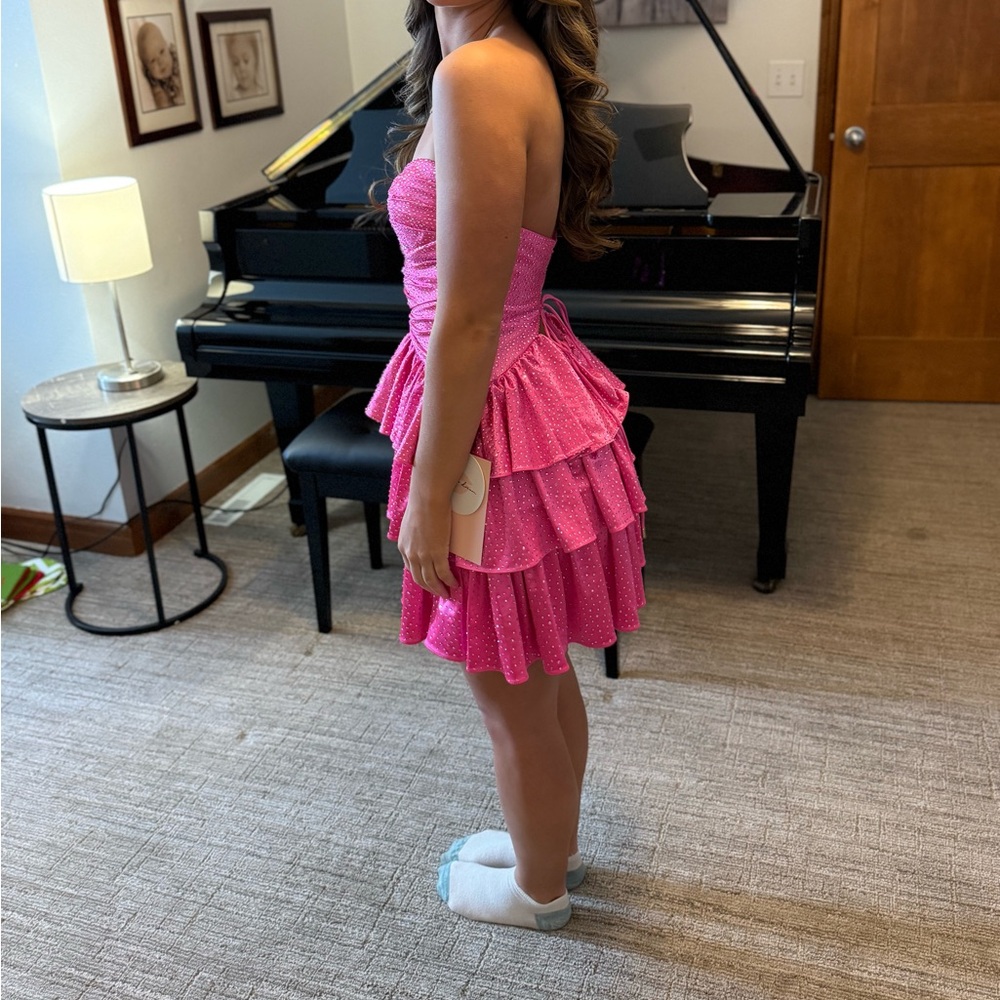 Elegant Hot Pink Strapless Prom Hoco Homecoming Dress sequins ruffles size 4 - Picture 3 of 9